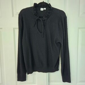 Gap Womens XL Black Cotton Pointelle Knit Ruffle Neck Keyhole Tie Sweater Top
